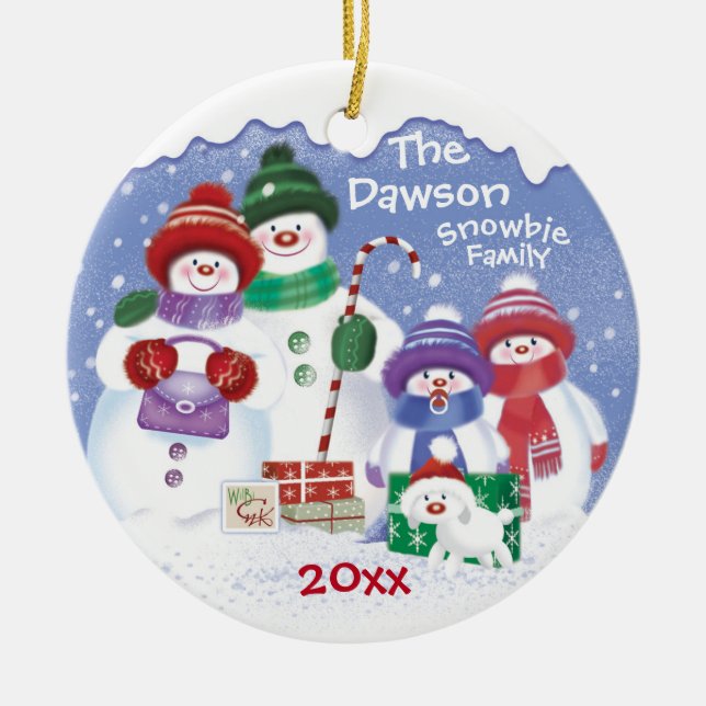 "Niedliche Schneemänner, Familie von 4 Snowbies, W Keramik Ornament (Vorne)