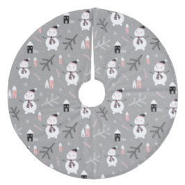 Niedliche Schneemänner, Häuser und Winterzweige Fleece Weihnachtsbaumdecke