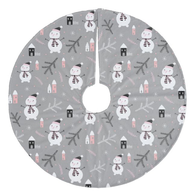 Niedliche Schneemänner, Häuser und Winterzweige Fleece Weihnachtsbaumdecke (Vorderseite)