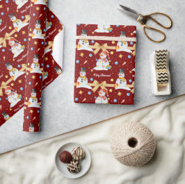 Niedliche Schneemänner mit goldfarbenem Ribbon Geschenkpapier
