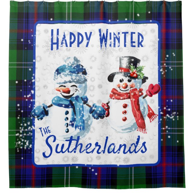 Niedliche Schneemänner Sutherland Clan Tartan Happ Duschvorhang (Vorderseite)