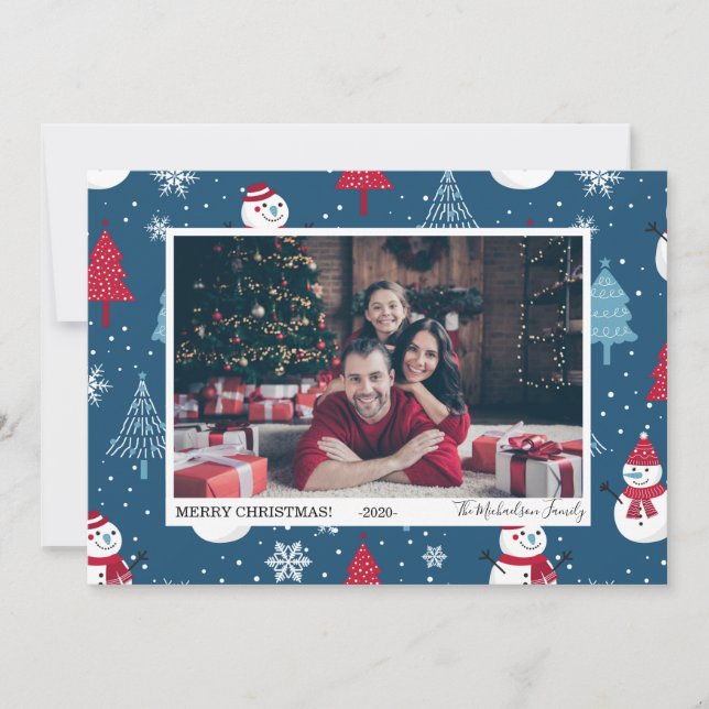 Niedliche Schneemänner und Weihnachtsbaumen Foto Feiertagskarte (Vorderseite)