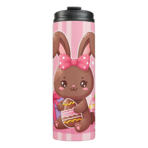 Niedliche Schokolade Osterhase mit rosa Streifen Thermosbecher