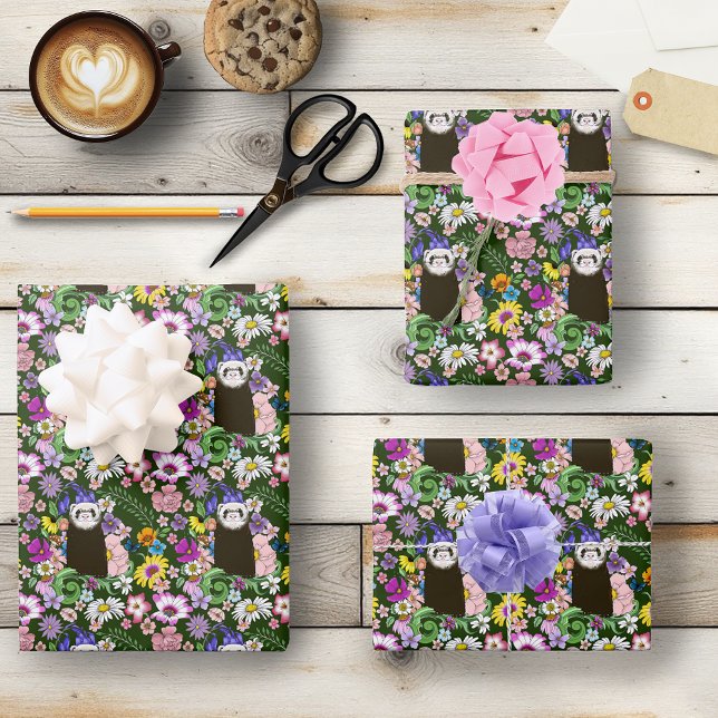 Niedliche Schokolade Sable Ferret Blumengrün Geschenkpapier Set (Von Creator hochgeladen)