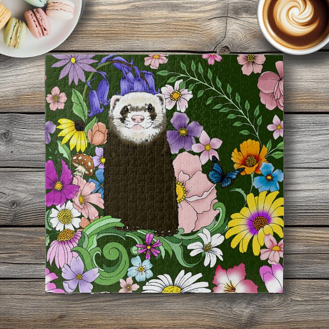 Niedliche Schokolade Sable Ferret Blumengrün Puzzle (Von Creator hochgeladen)