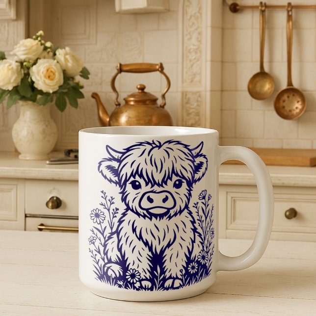 Niedliche schottische Highland Cow & Wildblumen Kaffeetasse (Von Creator hochgeladen)
