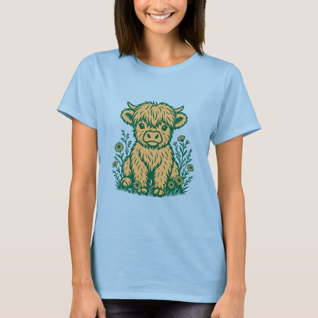 Niedliche schottische Highland Cow & Wildblumen T-Shirt (Vorderseite)