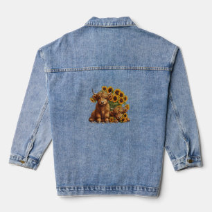 Niedliche schottische Hochlandkuh-Sonnenblumenmütt Jeansjacke