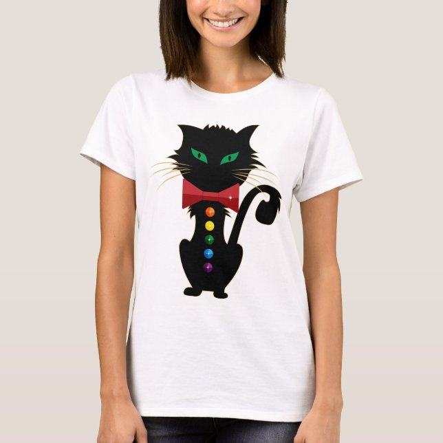 Niedliche Schwarz Katzengrün Augen Regenbogenfarbe T-Shirt (Vorderseite)