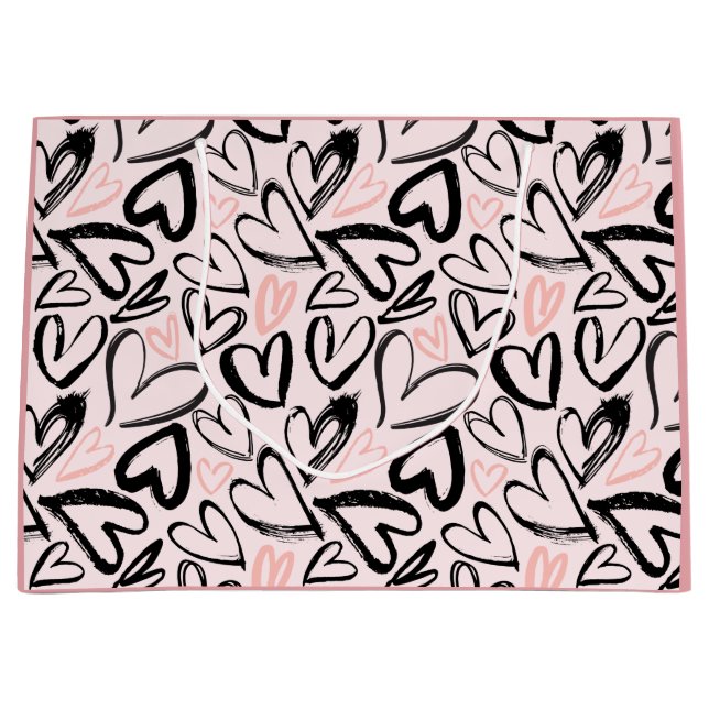 Niedliche Schwarz-Rosa-Valentinstag-Herzen Große Geschenktüte (Vorderseite)