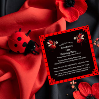 Niedliche Schwarz/Rote Ladybug Fairy Birthday Part Einladung