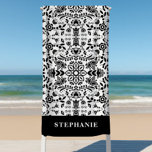 Niedliche Schwarz-Weiß-Flora-Skandinavien Bandanna Strandtuch