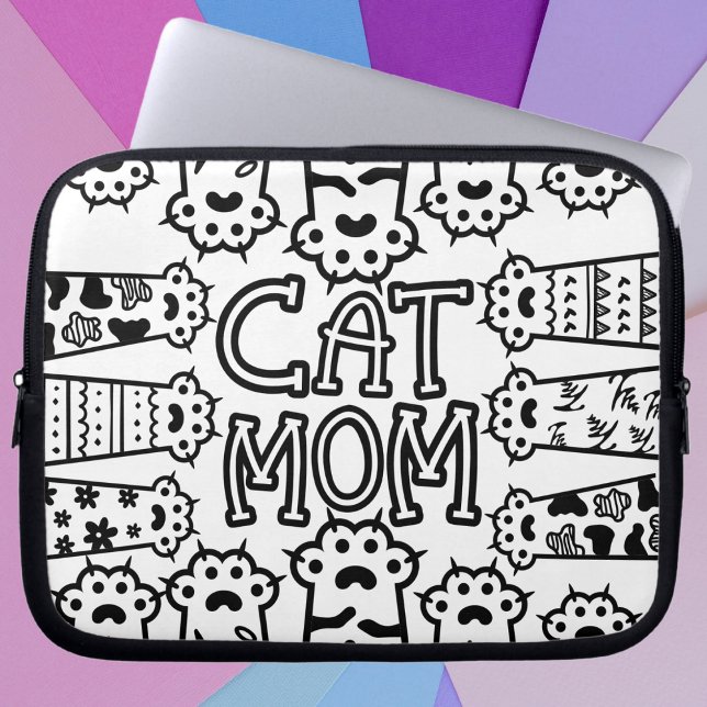 Niedliche Schwarz-Weiß-Katze Mama mit Katzenpfoten Laptopschutzhülle (Stylish Cat Mom For Cat Lovers Laptop Sleeve)