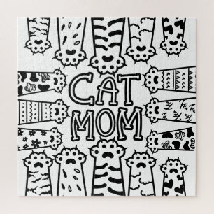 Niedliche Schwarz-Weiß-Katze Mama mit Katzenpfoten Puzzle