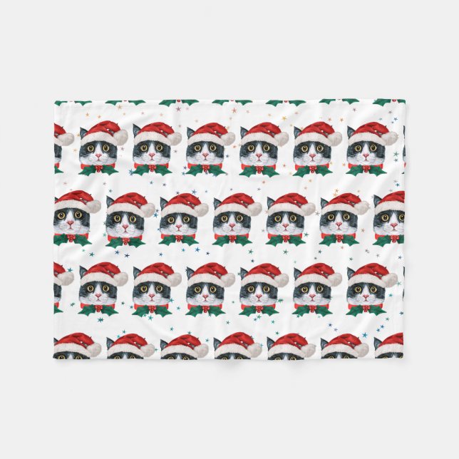 Niedliche Schwarz-Weiß-Katze mit Weihnachtsmannmüt Fleecedecke (Vorderseite (Horizontal))