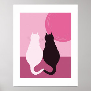 Niedliche Schwarz-Weiß-Katzenpaare bei rosa Sonnen Poster