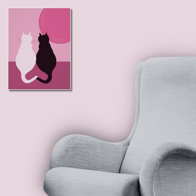 Niedliche Schwarz-Weiß-Katzenpaare bei rosa Sonnen Poster (Cute Black & White Cat Pair At Pink Sunset Poster, Reading Corner)