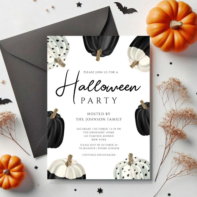 Niedliche Schwarz-Weiß-Kürbis Halloween Einladung (Cute Black And White Pumpkins Halloween Invitation)