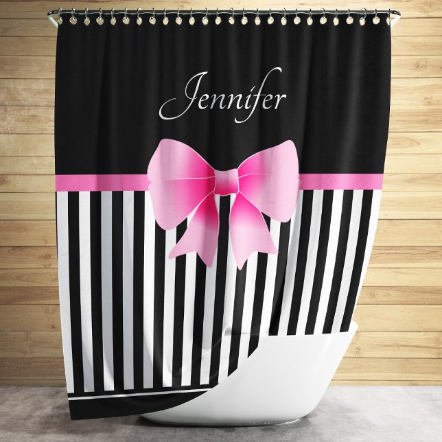 Niedliche Schwarz-Weiß-Streifen Muster rosa Name Duschvorhang (Cute Black & White Stripes Pattern Pink Bow Name Shower Curtain)
