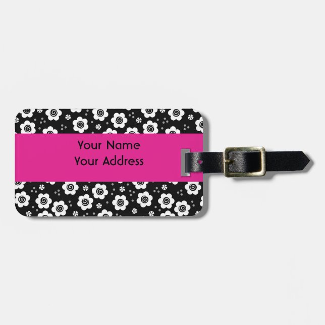 Niedliche Schwarz-weiße Blume Gepäckmarke Gepäckanhänger (Vorderseite horizontal)