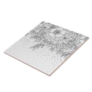 Niedliche Schwarz-weiße Blumendoodles und Konfetti Fliese