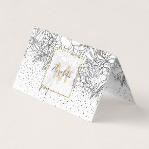 Niedliche Schwarz-weiße Blumendoodles und Konfetti Visitenkarten