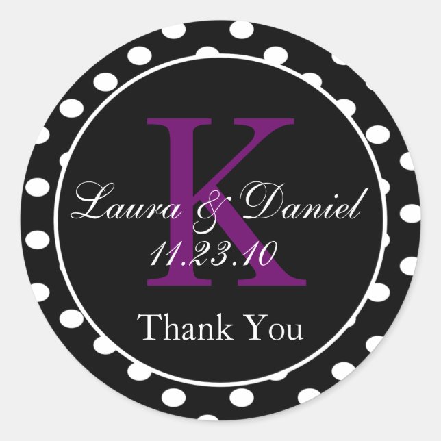 Niedliche Schwarz-weiße Lila Polka Dots Monogramm  Runder Aufkleber (Vorderseite)