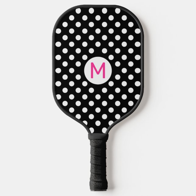 Niedliche Schwarz-weiße Polka Dots Rosa Monogramm Pickleball Schläger (Vorderseite)