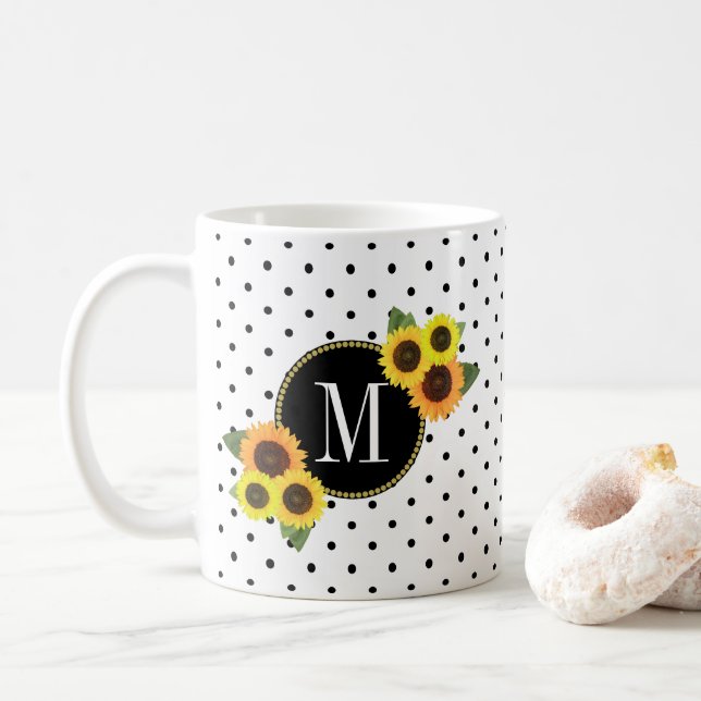 Niedliche Schwarz-weiße Punkte Vintag Sonnenblumen Kaffeetasse (Mit Donut)