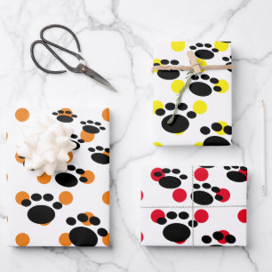 Niedliche schwarze Cartoon-Pet-Paws und Polka-Dock Geschenkpapier Set