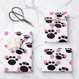 Niedliche schwarze Cartoon-Pet-Paws und Polka-Dock Geschenkpapier Set