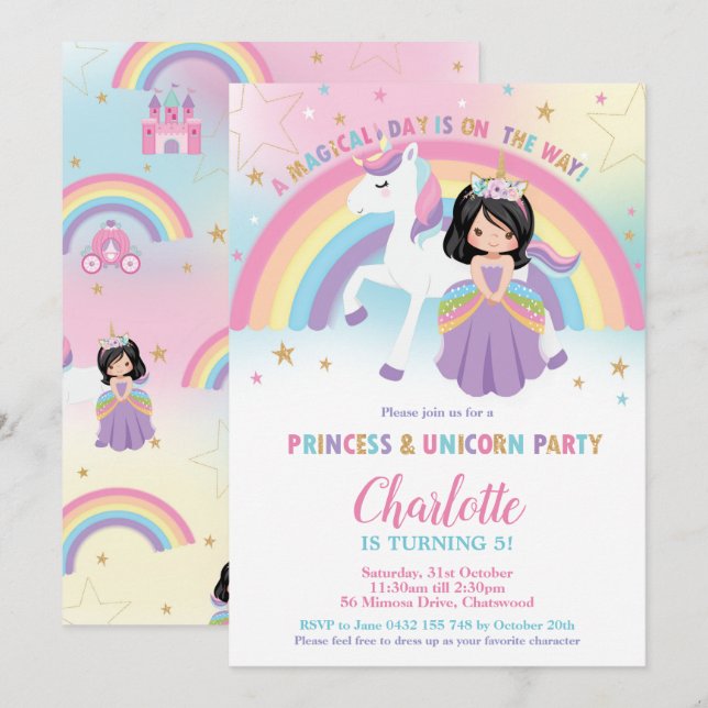 Niedliche Schwarze Haare Prinzessin Unicorn Rainbo Einladung (Vorne/Hinten)