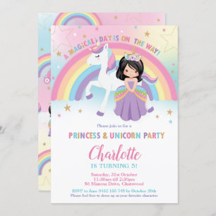 Niedliche Schwarze Haare Prinzessin Unicorn Rainbo Einladung