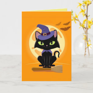 Niedliche Schwarze Katze auf Besenhalskarte Karte