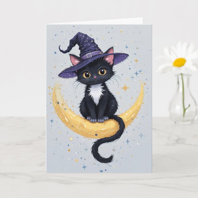 Niedliche Schwarze Katze auf Crescent Moon Hallowe Karte (Kleine Pflanze)
