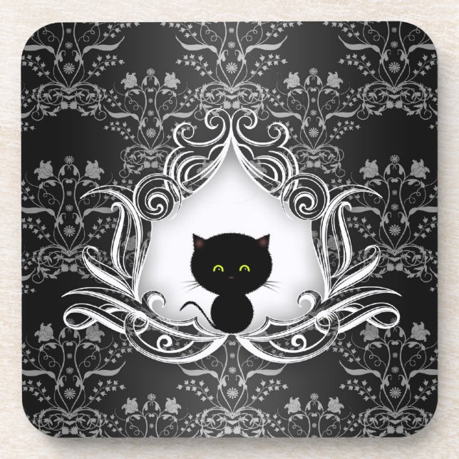 Niedliche schwarze Katze auf Damask Untersetzer (Vorderseite)