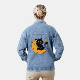 Niedliche schwarze Katze auf dem Mond Jeansjacke