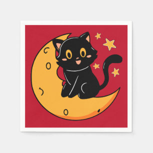Niedliche schwarze Katze auf dem Mond Serviette