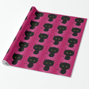 Niedliche schwarze Katze auf Hot Pink Damask Geschenkpapier