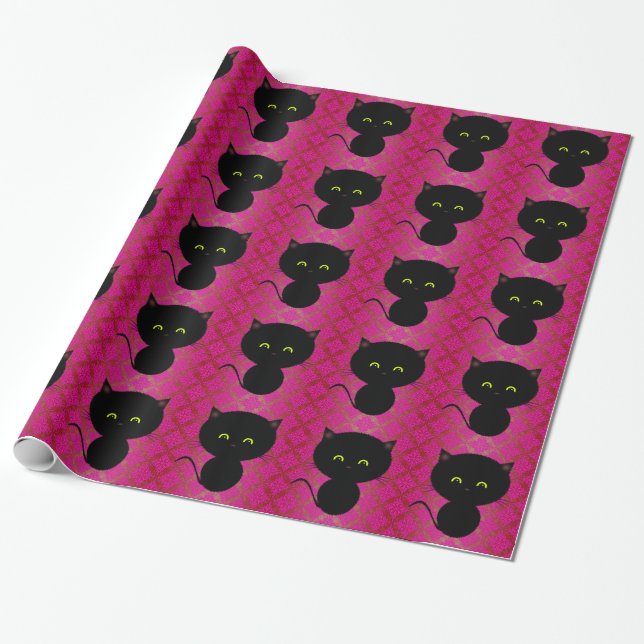 Niedliche schwarze Katze auf Hot Pink Damask Geschenkpapier (Ungerollt)