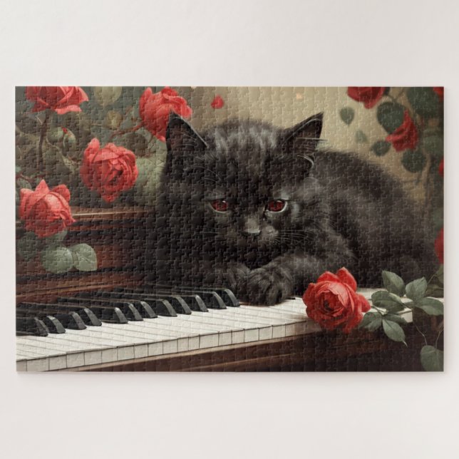 Niedliche schwarze Katze auf Klavier Puzzle (Horizontal)
