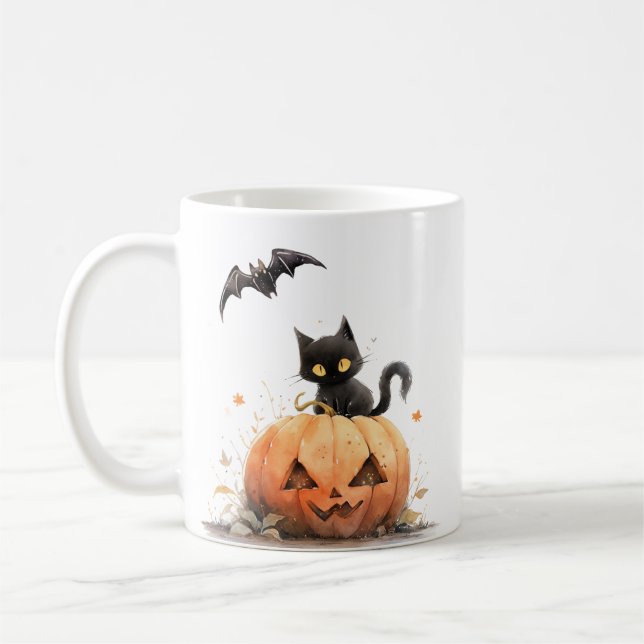 Niedliche schwarze Katze auf KürbisHalloween Kaffeetasse (Links)