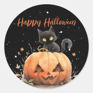 Niedliche schwarze Katze auf KürbisHalloween Runder Aufkleber