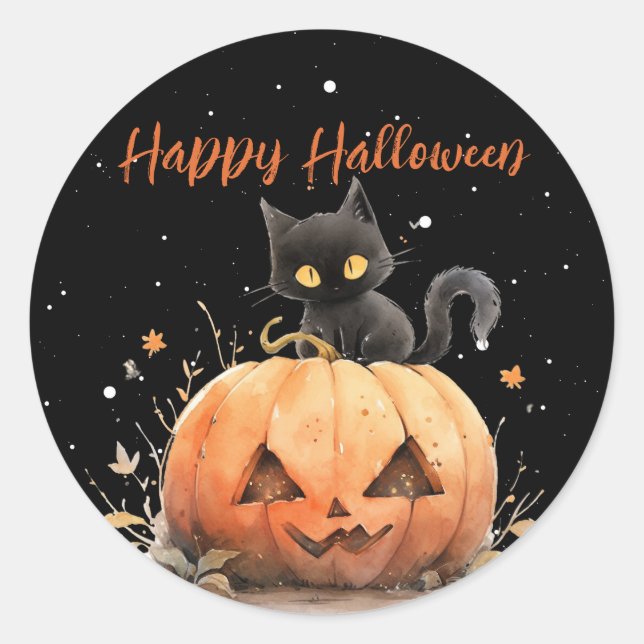 Niedliche schwarze Katze auf KürbisHalloween Runder Aufkleber (Vorderseite)