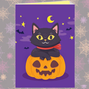 Niedliche schwarze Katze auf Kürbiskatzenkarte Karte