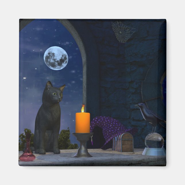 Niedliche schwarze Katze bei Kerzenlicht Magnet (Vorne)