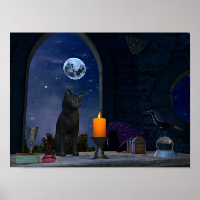 Niedliche schwarze Katze bei Kerzenlicht Poster (Vorne)