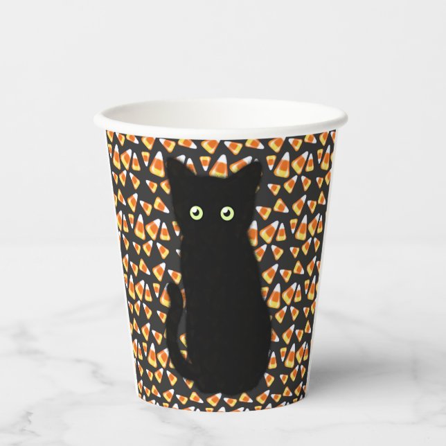 Niedliche Schwarze Katze Candy Mais Muster Hallowe Pappbecher (Vorderseite)