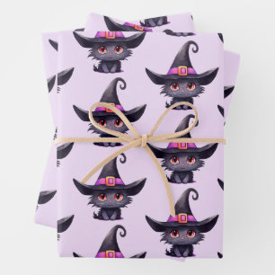 Niedliche schwarze Katze, die ein Hexenhutmuster t Geschenkpapier Set