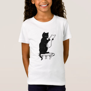 Niedliche schwarze Katze, die ein Papier Vintag T-Shirt